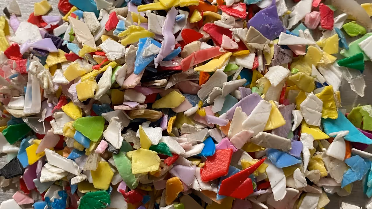 A close-up pile of multi-colored, rigid polypropylene (PP) plastic regrind, granulated for recycling.