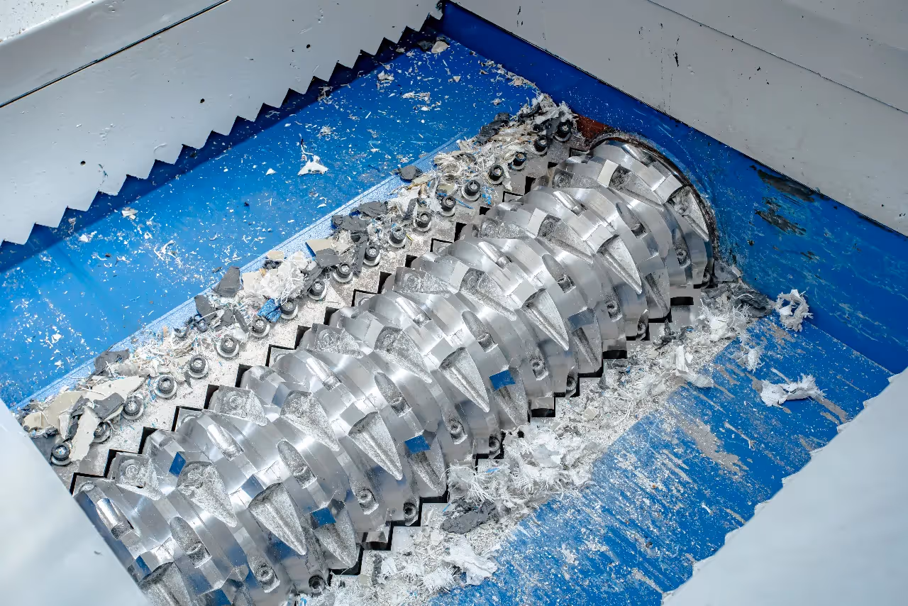 The cutting chamber of a single-shaft shredder, showing the rotating cutter, the blue hydraulic ram, and shredded plastic during the size reduction process.