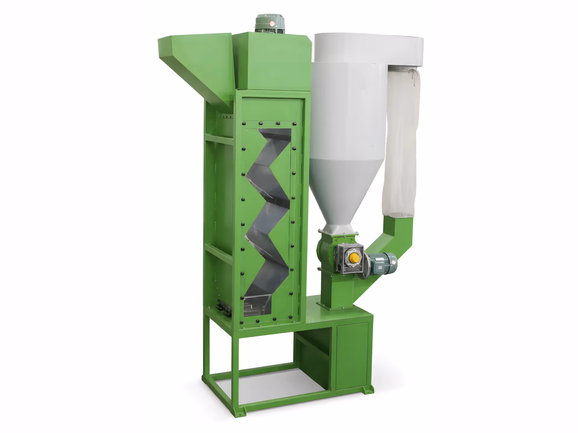A zig-zag air classifier for plastic recycling, used to separate light contaminants like paper and dust from heavy plastic flakes.