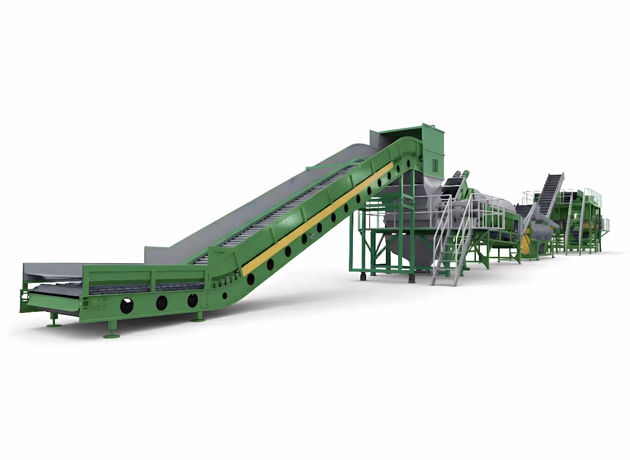 A complete PET bottle washing line for recycling, showing the entire process from pre-sorting and grinding to washing and drying of rPET flakes.